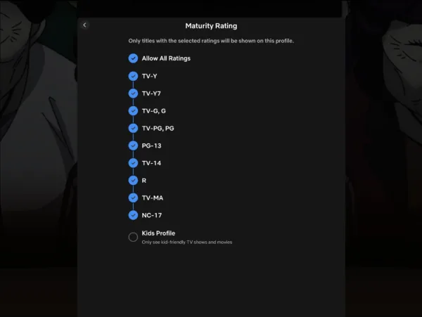 Screenshot of the Maturity Rating settings on Netflix’s iPad app. Multiple age ratings are selected, including NC-17 and TV-MA.