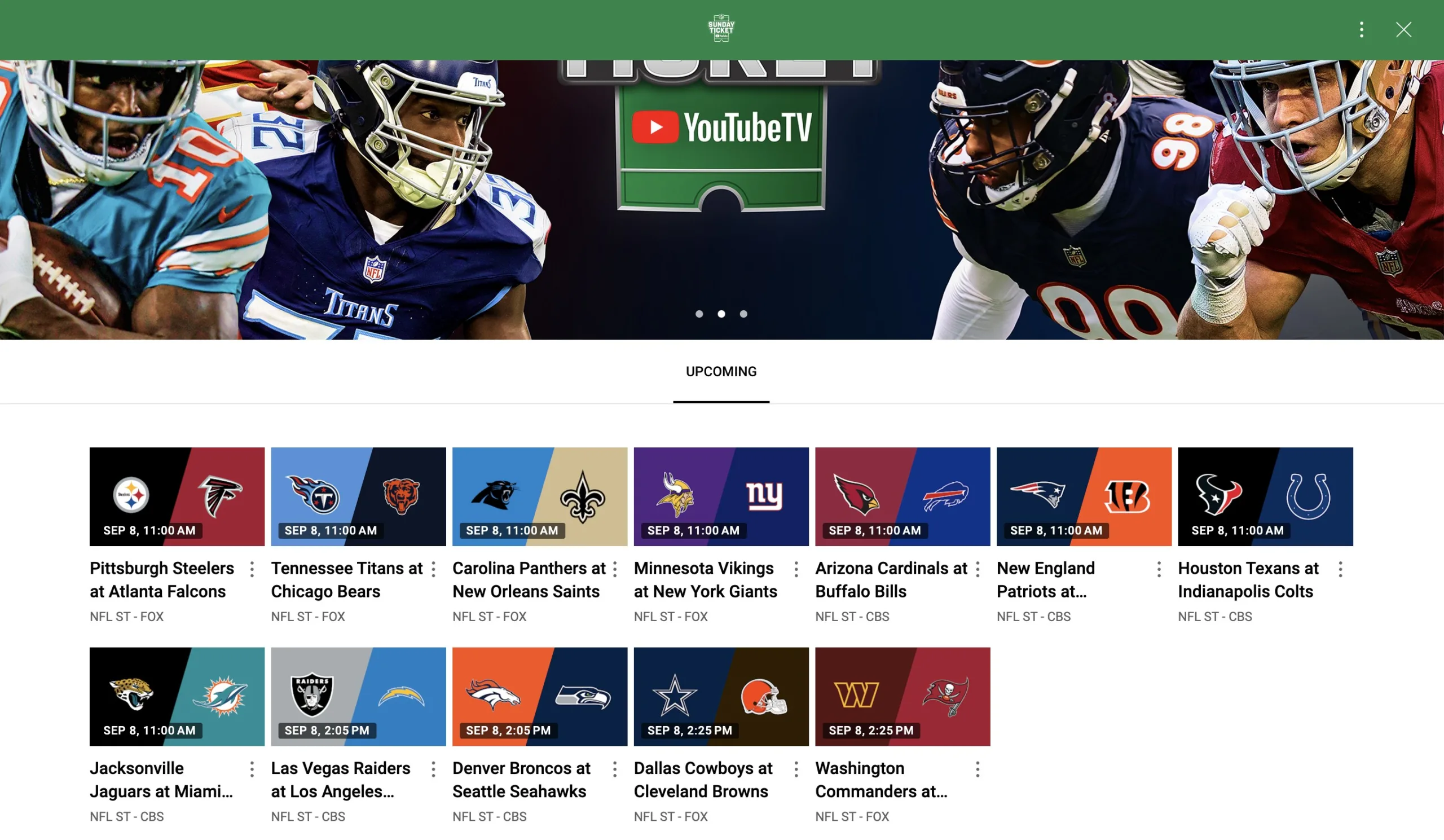 The NFL Sunday Ticket home page conveniently lays out all upcoming Sunday games.