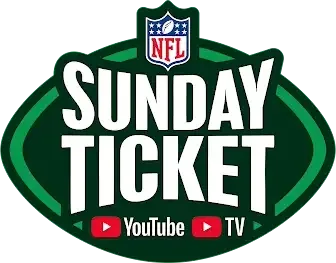 The official logo for NFL Sunday Ticket on YouTube and YouTube TV, set against a green football-shaped background.