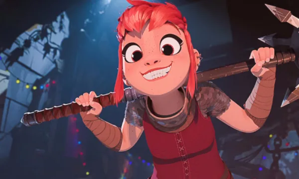 An animated girl with red-orange hair holds a weapon while smiling at the camera.