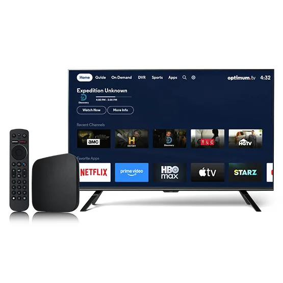 Optimum Stream remote and device shown next to a TV displaying streaming app options on the Optimum app.