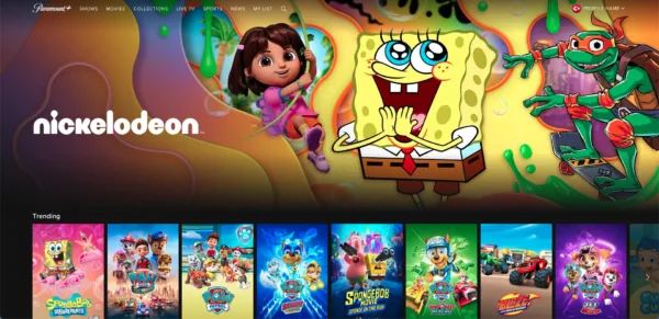 Desktop screenshot of Nickelodeon hub page on Paramount+ streaming service