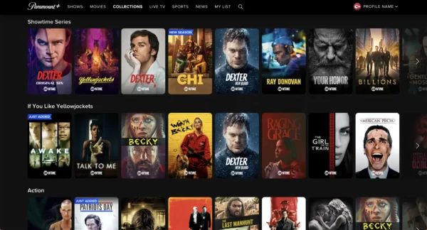 Desktop screenshot of SHOWTIME collection page on Paramount+ streaming service