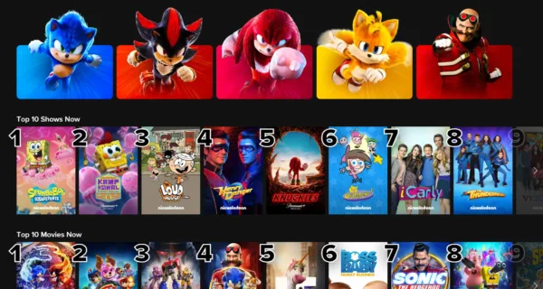 Paramount+ Kids Mode A screenshot of Paramount+ in Kids Mode, with colorful icons advertising different Sonic the Hedgehog characters.