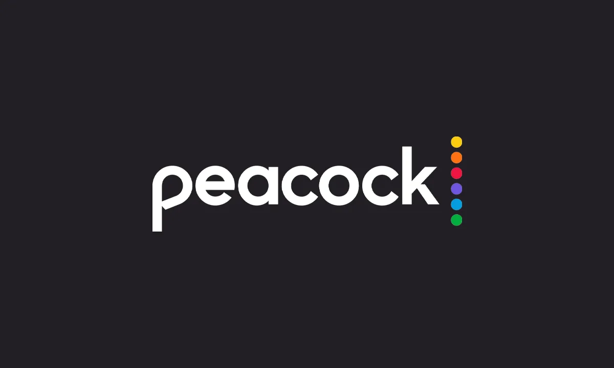 The Peacock logo on a dark gray background.