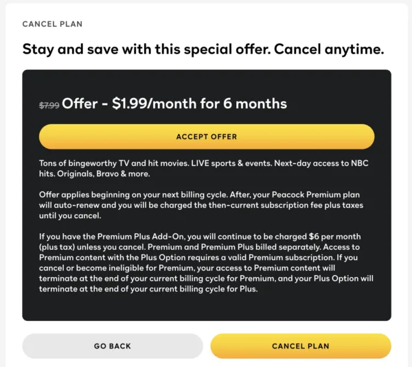 Screenshot of a point in the Peacock cancellation process reading “Offer - $1.99/month for 6 months)