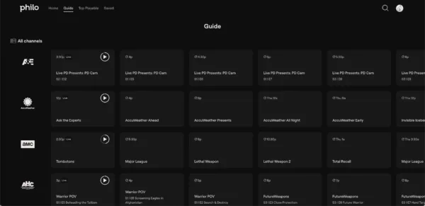 Screenshot of Philo guide page showing live TV channels and their current programming.