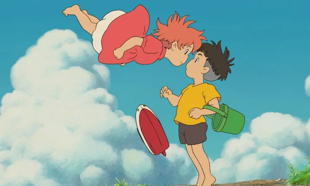 Ponyo1000x600 Ponyo, a young animated girl with short red hair and a puffy red dress, flies above a boy with short black hair and a yellow shirt. Both look surprised.
