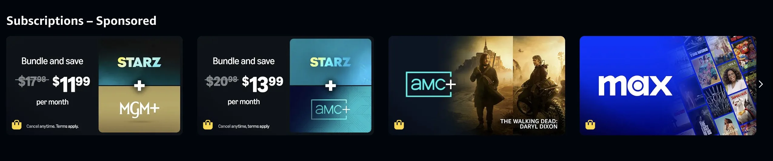 A screenshot of the subscriptions section of the Prime Video homepage.