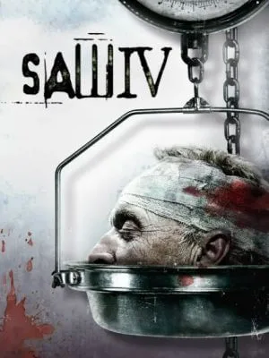Image of the movie poster for Saw IV showing John "Jigsaw" Kramer's head on a scale.