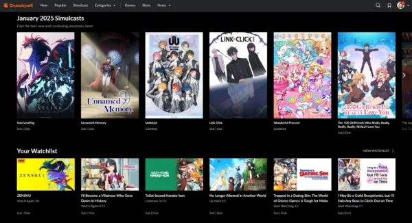 Screenshot of Crunchyroll's homepage, displaying current simulcasts and a watchlist.