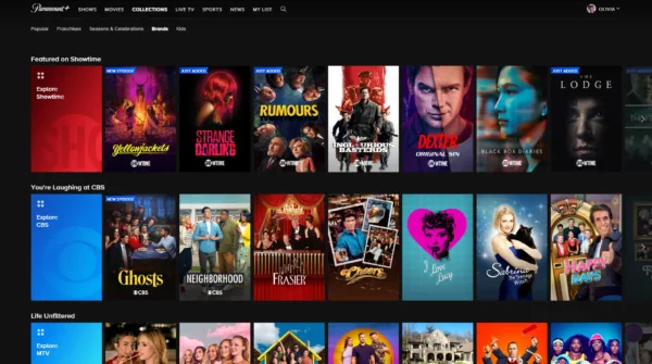 Screenshot of Paramount+'s brands page on desktop, with an array of titles under each one.