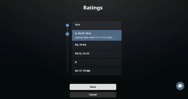 Screenshot of the per-profile ratings selection on Max.