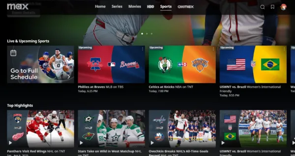 Screenshot of Max's website, showing some upcoming sporting events including baseball and basketball.