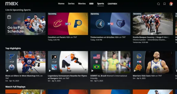 Screenshot of the B/R Sports hub on Max.