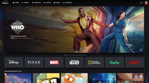 Screenshot of Disney+'s homepage displaying an ad for Doctor Who above a list of Disney's brands.