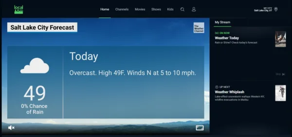 Screenshot of the Local Now website, accessed through a browser. A video displays the Salt Lake City Forecast, including temperature and wind speed.