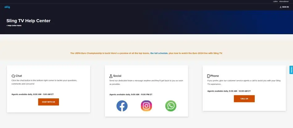 Image of the Sling TV contact us page showing contact options for phone, chat, and social media.