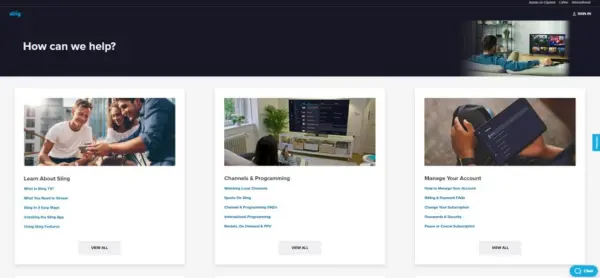 Image of Sling TV homepage showing help categories and topics.