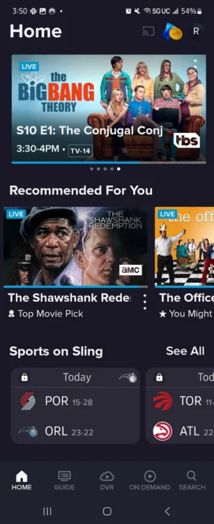 Sling TV home page - Best Live TV Streaming Services A screenshot of the Sling TV home page shows scheduled programming.
