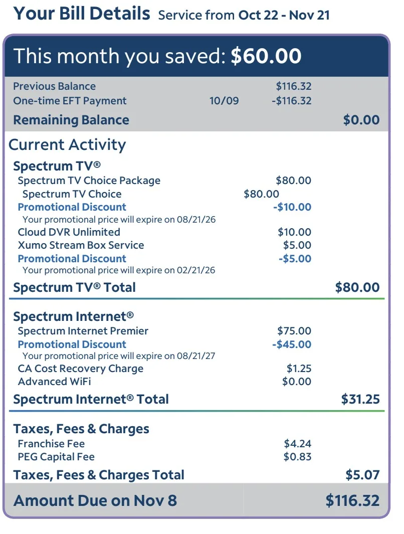 The itemized section of a Spectrum internet and tv bill.