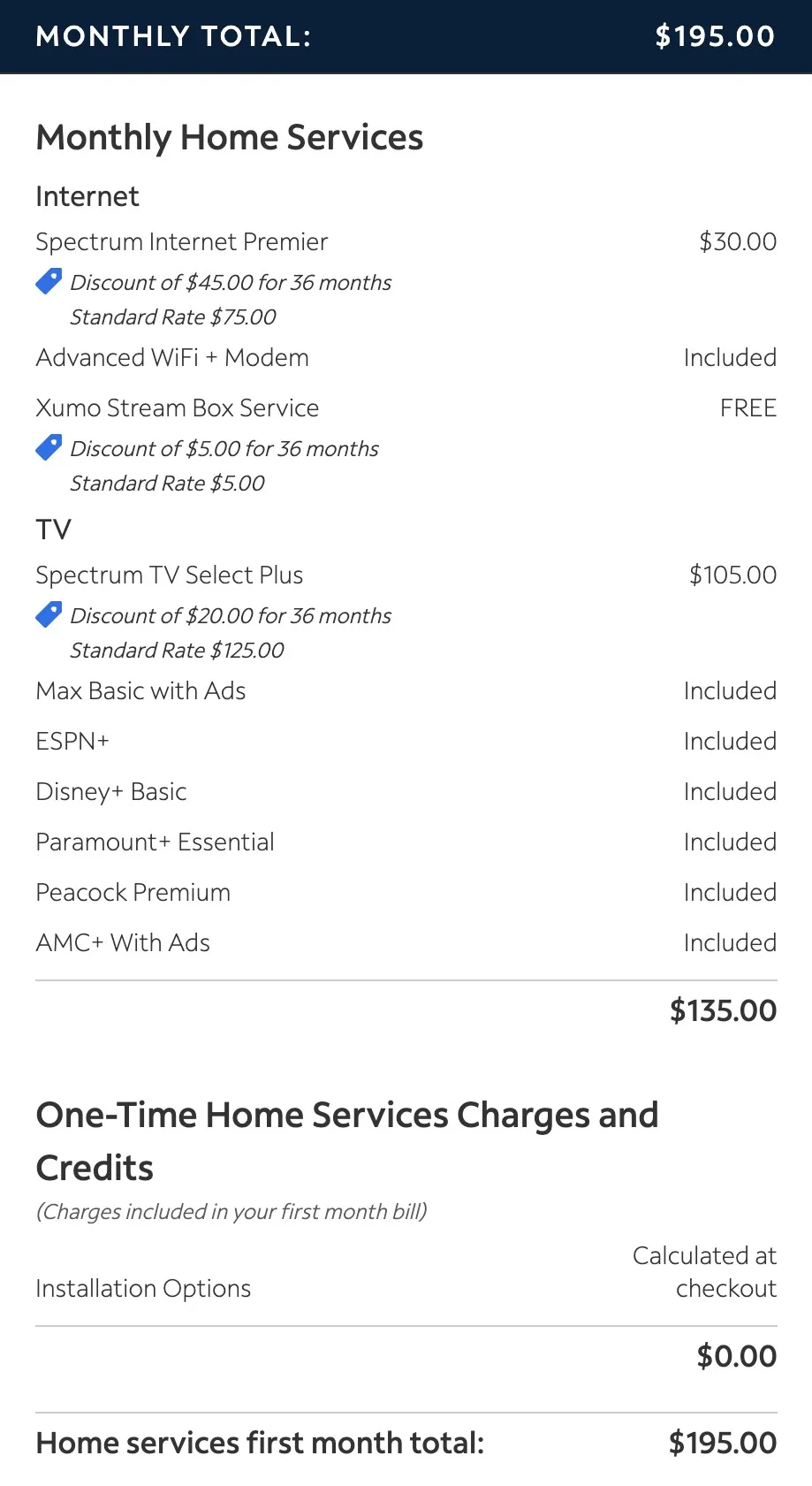 A screenshot of Spectrum’s checkout page with three services.