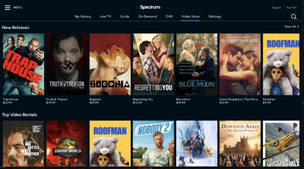 Spectrum's web-based streaming tool being used in a web browser showing new releases.