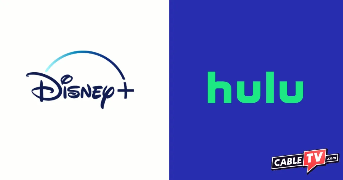 Graphic with Disney+ logo on a white background on the left half and Hulu logo on blue-purple background on the right half