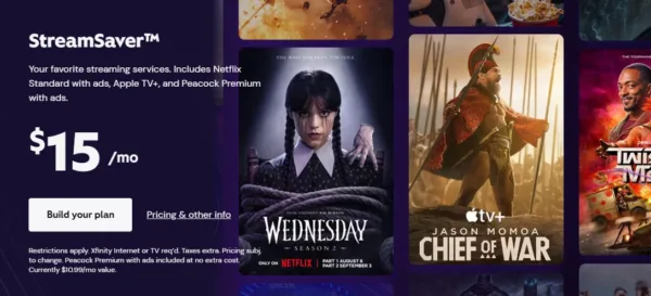 StreamSaver Screenshot of a banner advertising StreamSaver ($15/mo.) with screenshots of shows like Wednesday (Netflix) and Chief of War (Apple TV+