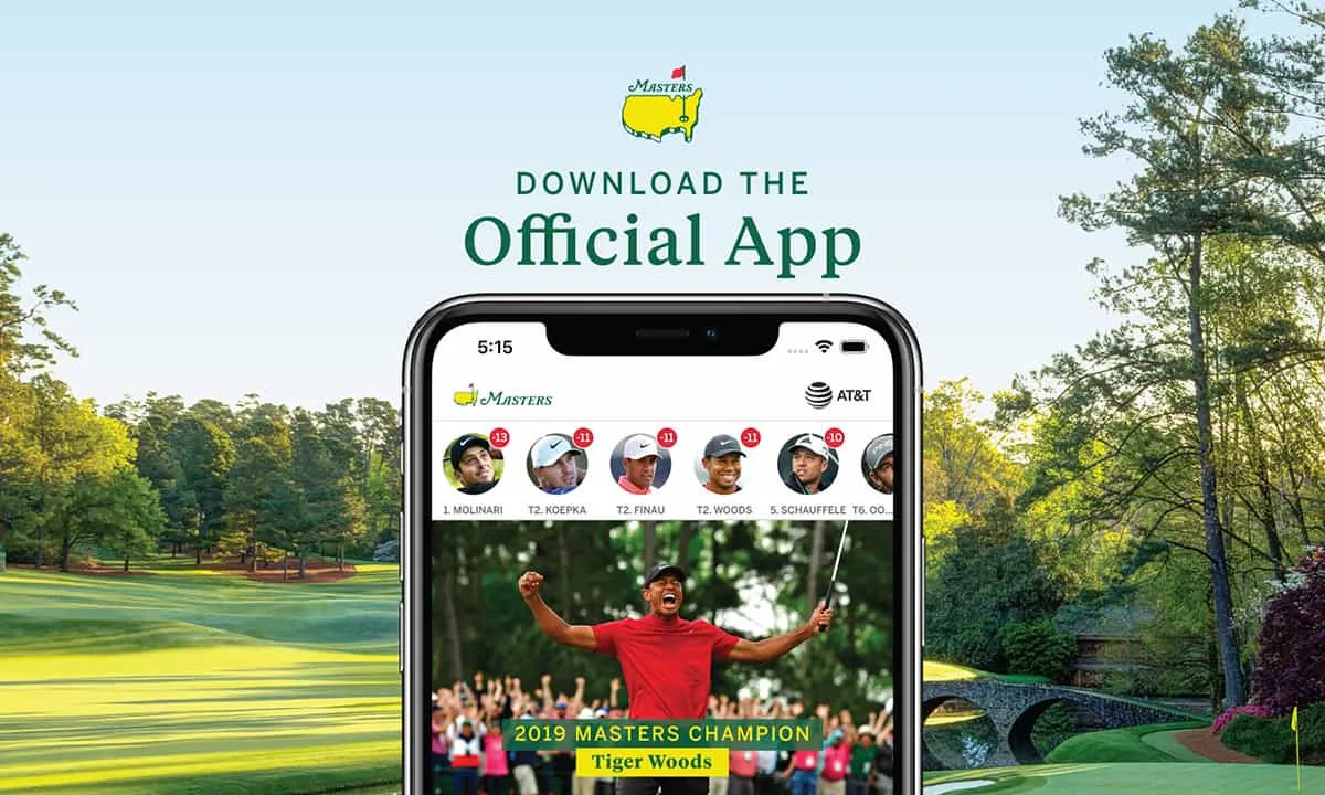 The official Masters App displays player tracking on an iPhone.