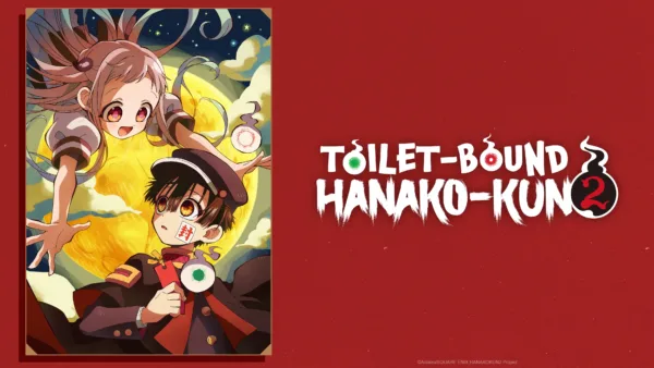 A boy and girl in an anime style with the words "Toilet-bound Hanako-kun"