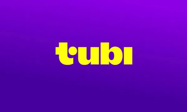 The Tubi logo features bold yellow text on a purple background.