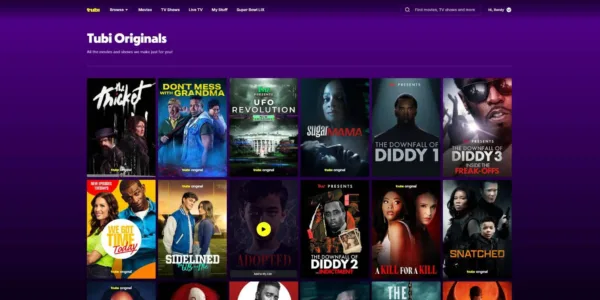 The Tubi original page showing thumbnails of 12 titles
