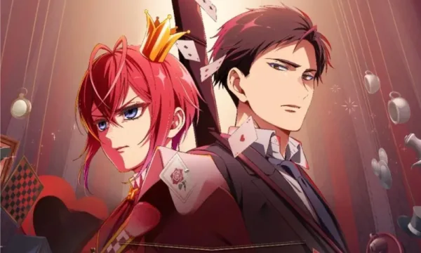 An anime boy version of the Queen of Hearts stands next to a more plain-looking anime boy.