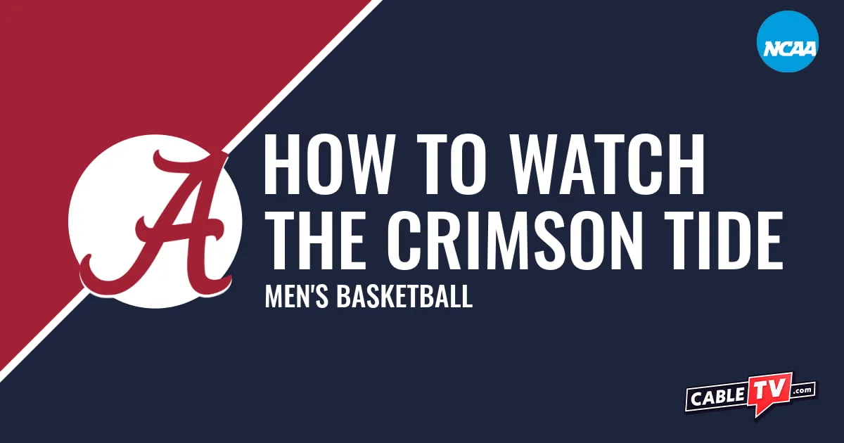 Alabama Crimson Tide logo on a stylized crimson and dark blue graphic for the men's basketball team watch guide.