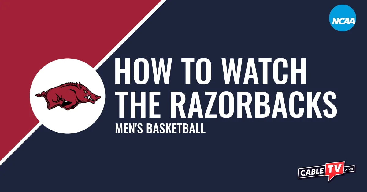 Arkansas Razorbacks logo on a stylized red and dark blue graphic for the men's basketball team watch guide.