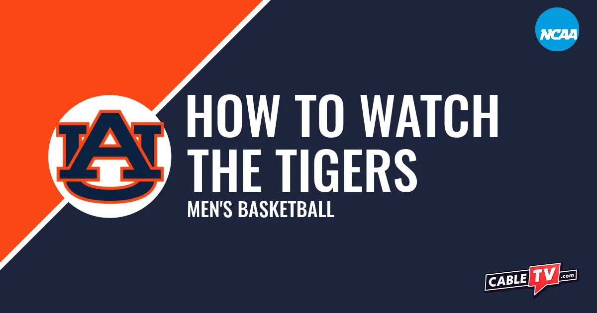 Auburn Tigers logo on a stylized orange and dark blue graphic for the men's basketball team watch guide.