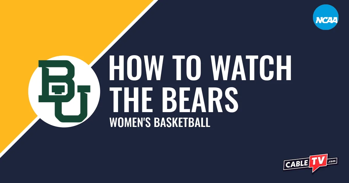 Baylor Bears logo on a stylized yellow and dark blue graphic for the women's basketball team watch guide.