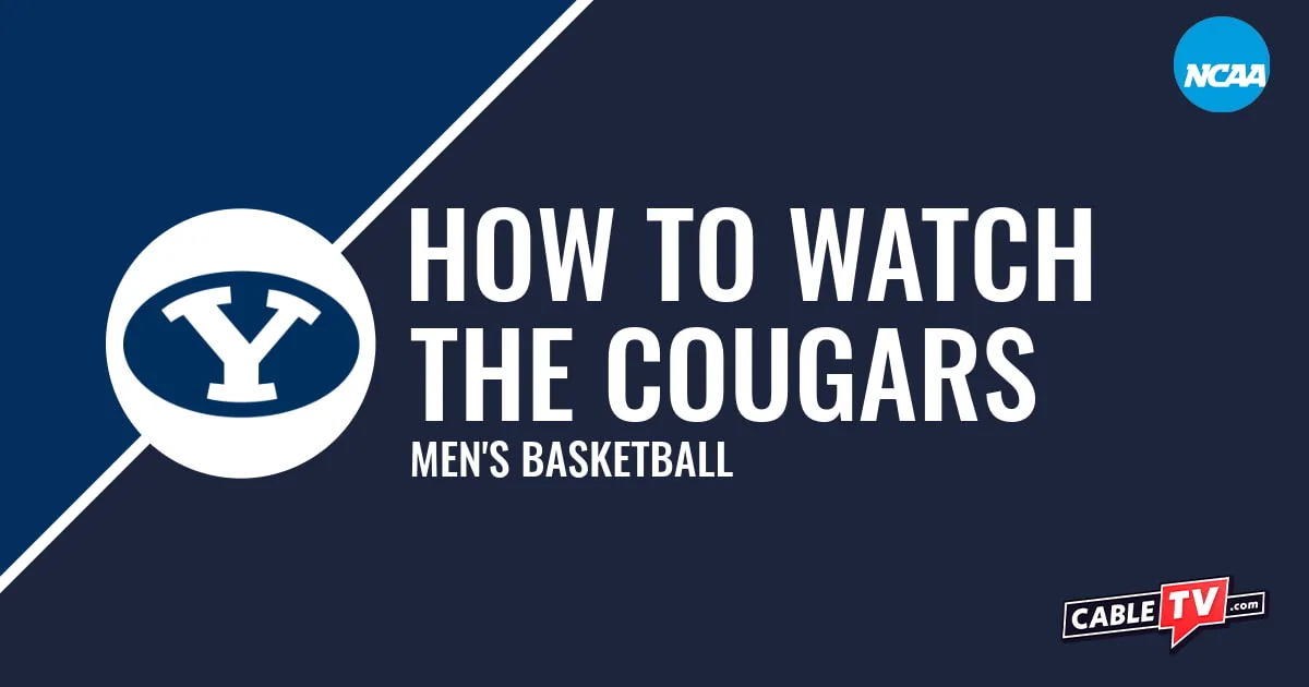 BYU Cougars logo on a stylized blue graphic for the men's basketball team watch guide.
