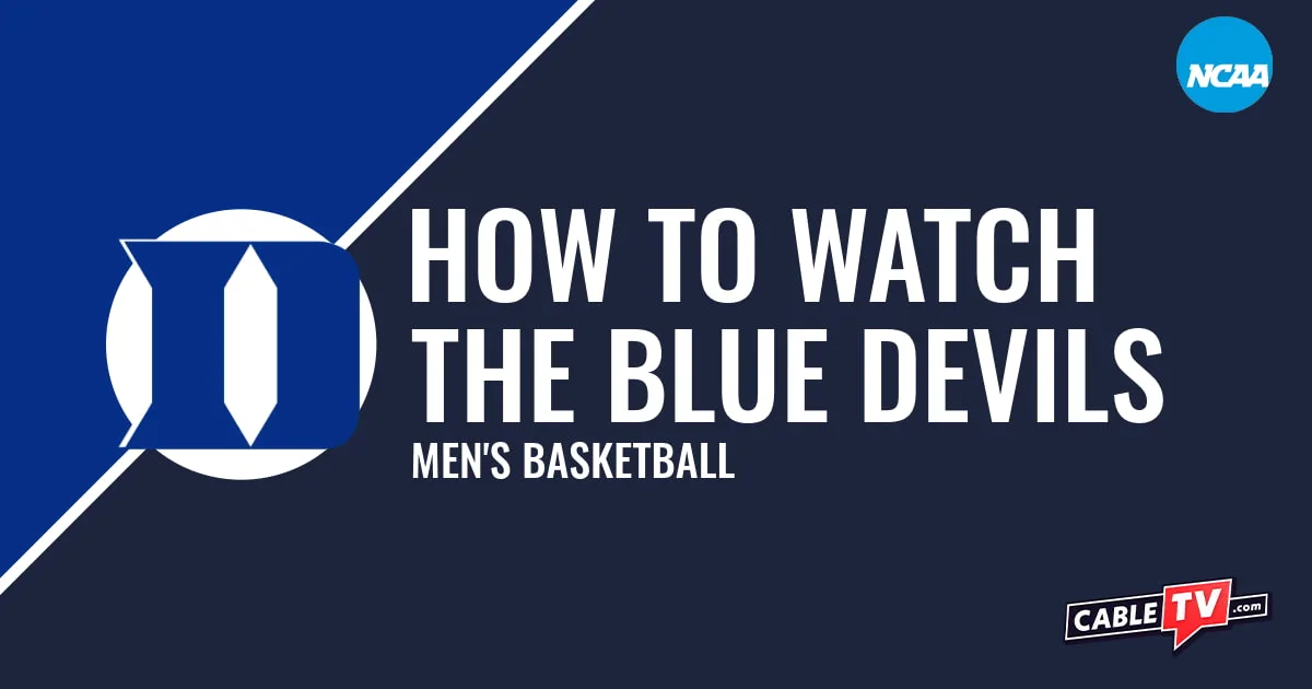 Duke Blue Devils logo on a stylized blue graphic for the men's basketball team watch guide.