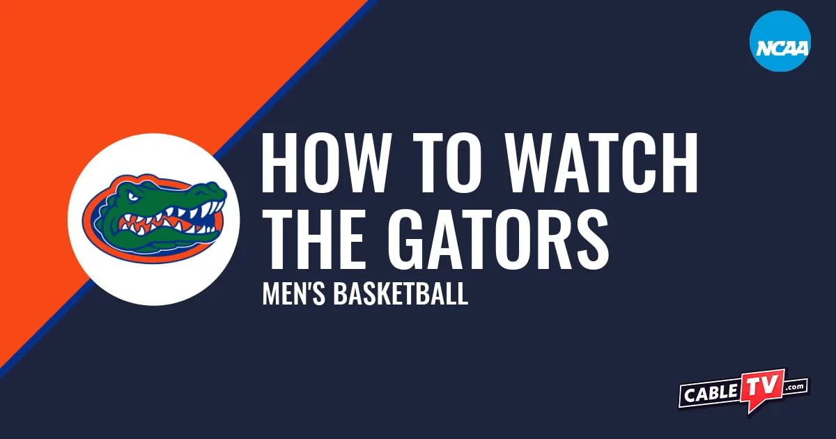 Watch Florida Men's Basketball Florida Gators logo on a stylized orange and dark blue graphic for the men's basketball team watch guide.