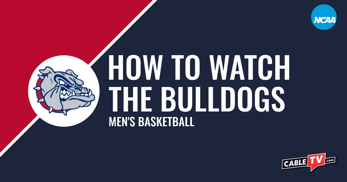 Gonzaga Bulldogs logo on a stylized red and dark blue graphic for the men's basketball team watch guide.