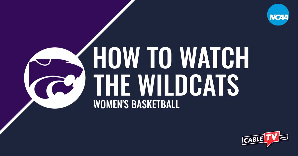 Kansas State Wildcats logo on a stylized purple and dark blue graphic for the women's basketball team watch guide.