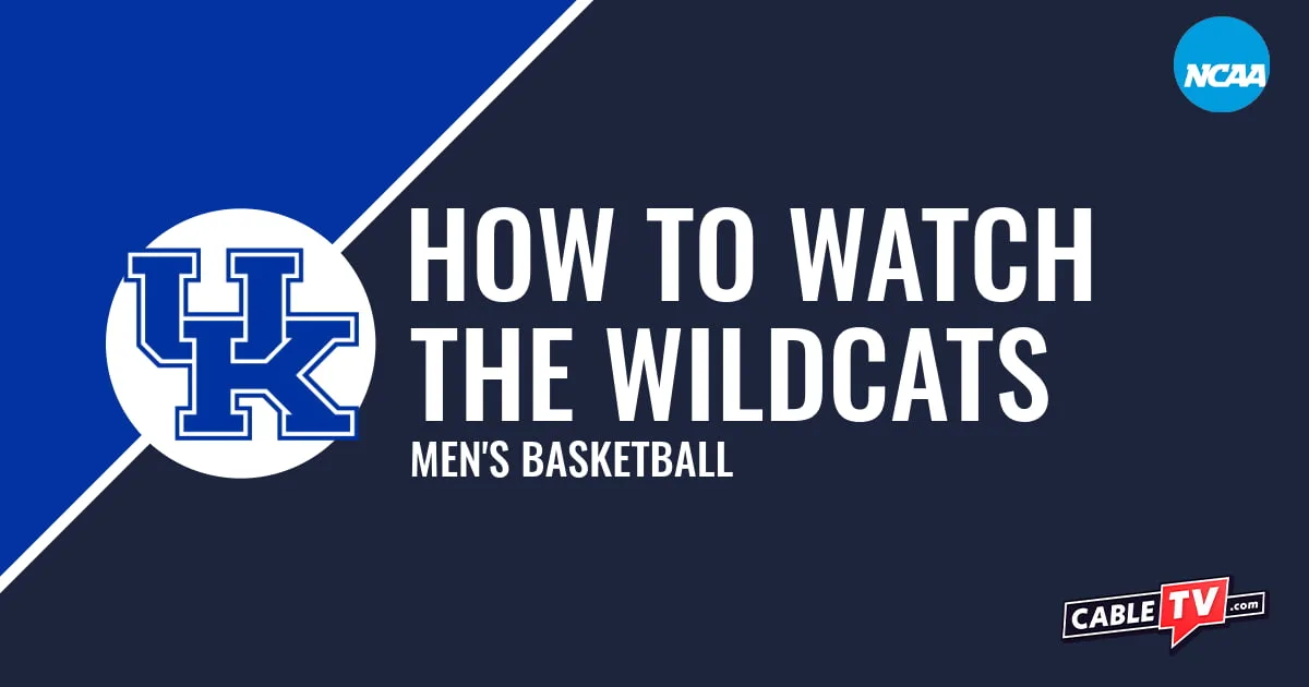 Kentucky Wildcats logo on a stylized blue graphic for the men's basketball team watch guide.