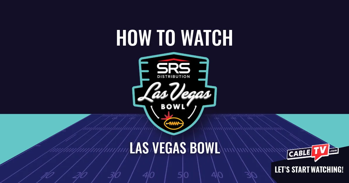 A "How to Watch" graphic featuring the Las Vegas Bowl logo centered above a stylized football field on a dark blue background.