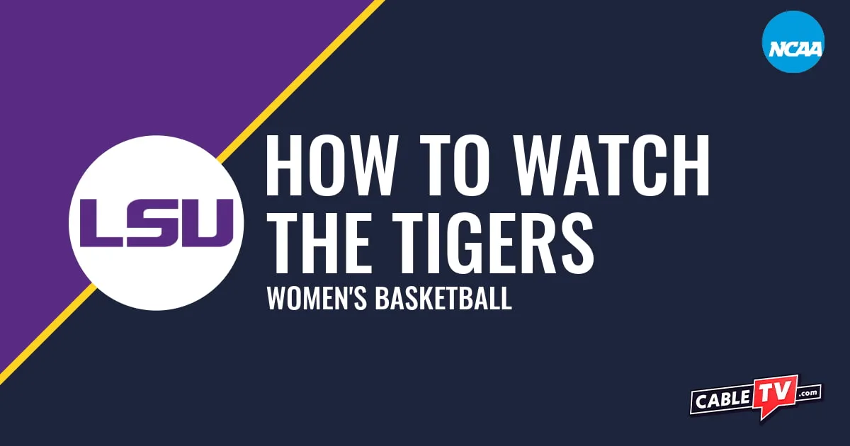 LSU Tigers logo on a stylized purple and dark blue graphic for the women's basketball team watch guide.