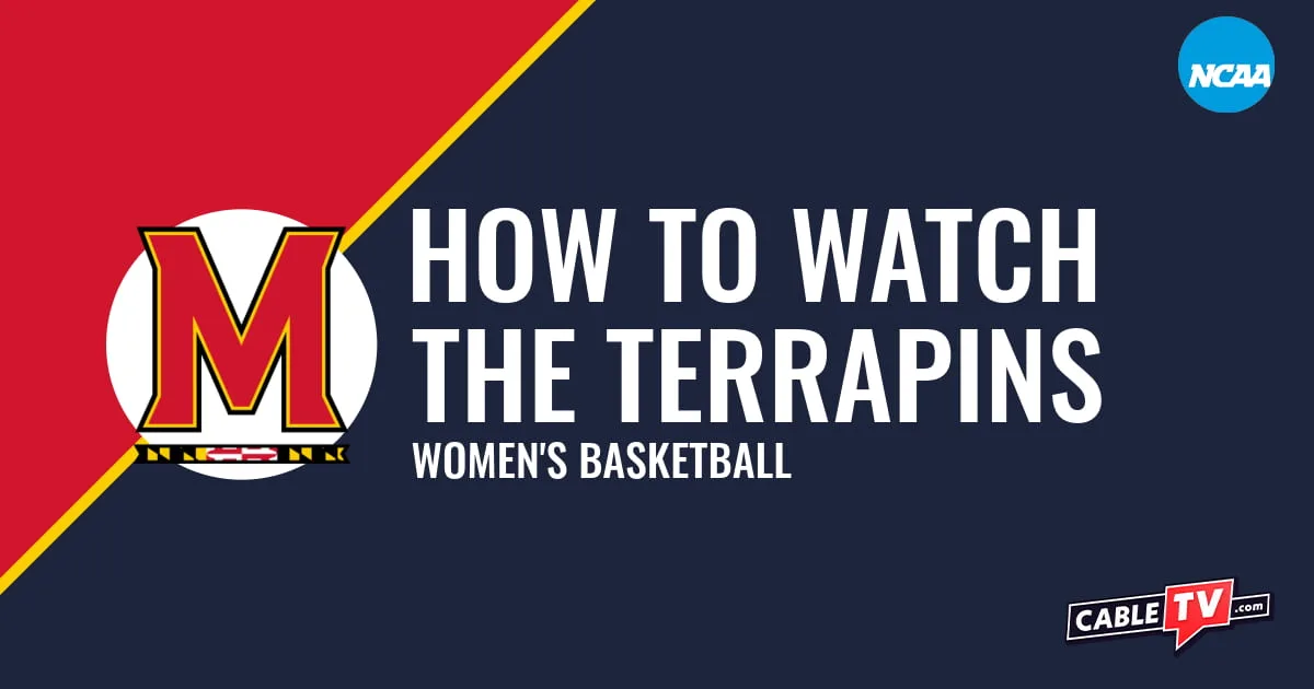 Maryland Terrapins logo on a stylized red and dark blue graphic for the women's basketball team watch guide.