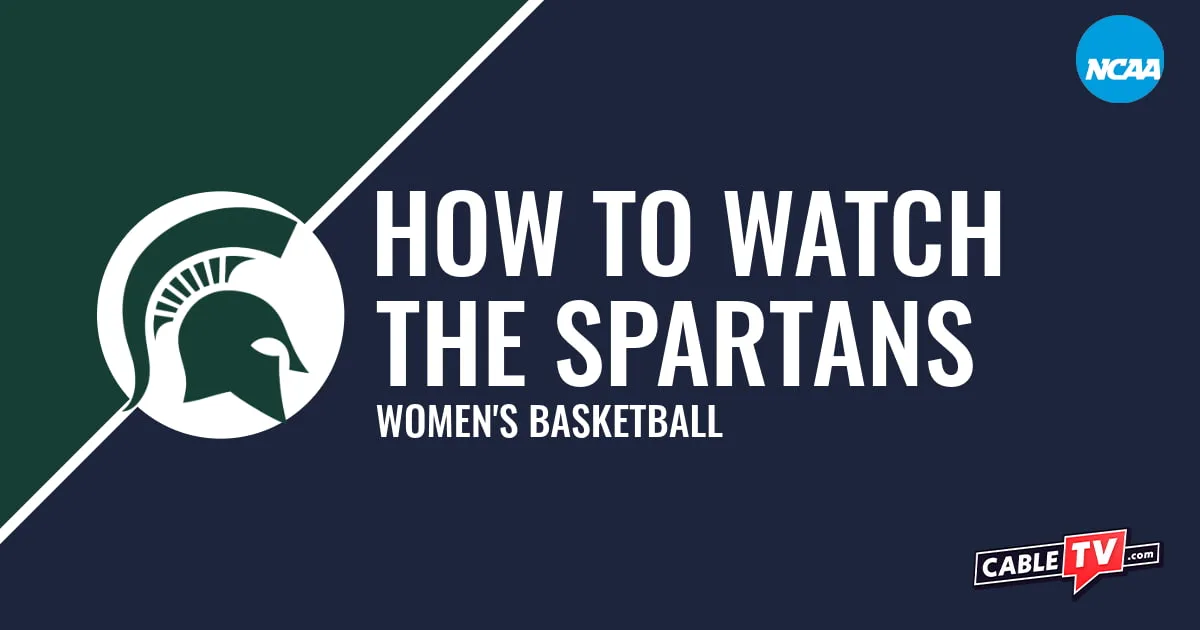 Michigan State Spartans logo on a stylized green and dark blue graphic for the men's basketball team watch guide.