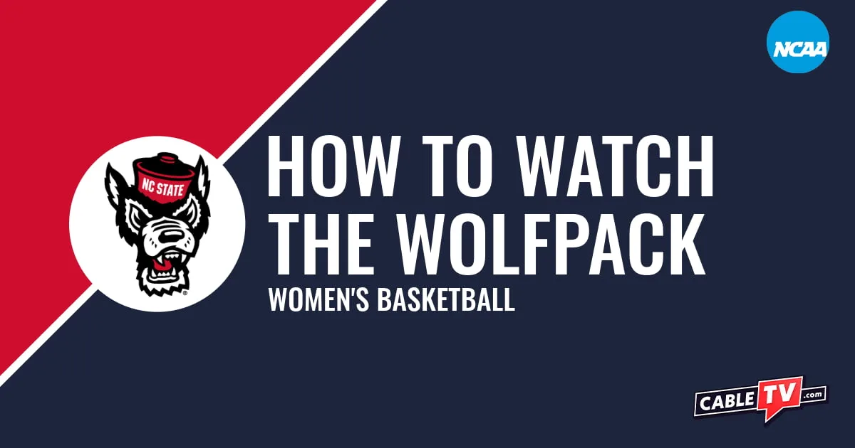 Watch NC State Women's Basketball NC State Wolfpack logo on a stylized red and dark blue graphic for the women's basketball team watch guide.