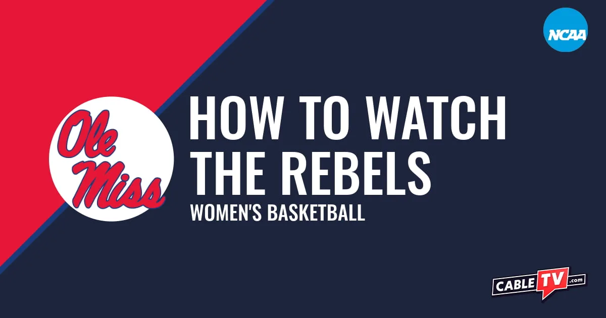 Ole Miss Rebels logo on a stylized red and dark blue graphic for the women's basketball team watch guide.